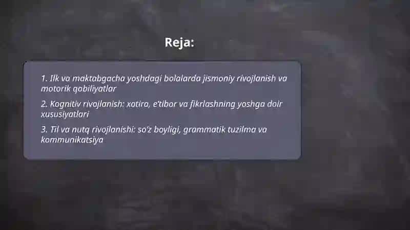 Ilk va maktabgacha yoshdagi bolalarning yoshiga doir pedagogik va psixologik xususiyatlari va ularning sogʻlom rivojlanishidagi ahamiyati. 2