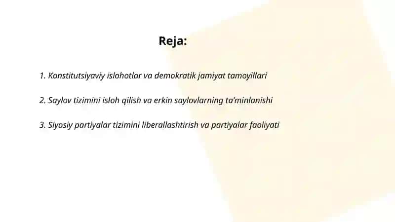 O’zbekistonda demokratik fuqarolik jamiyati asoslarining shakllanishi amalga oshirilgan siyosiy islohatlar 2