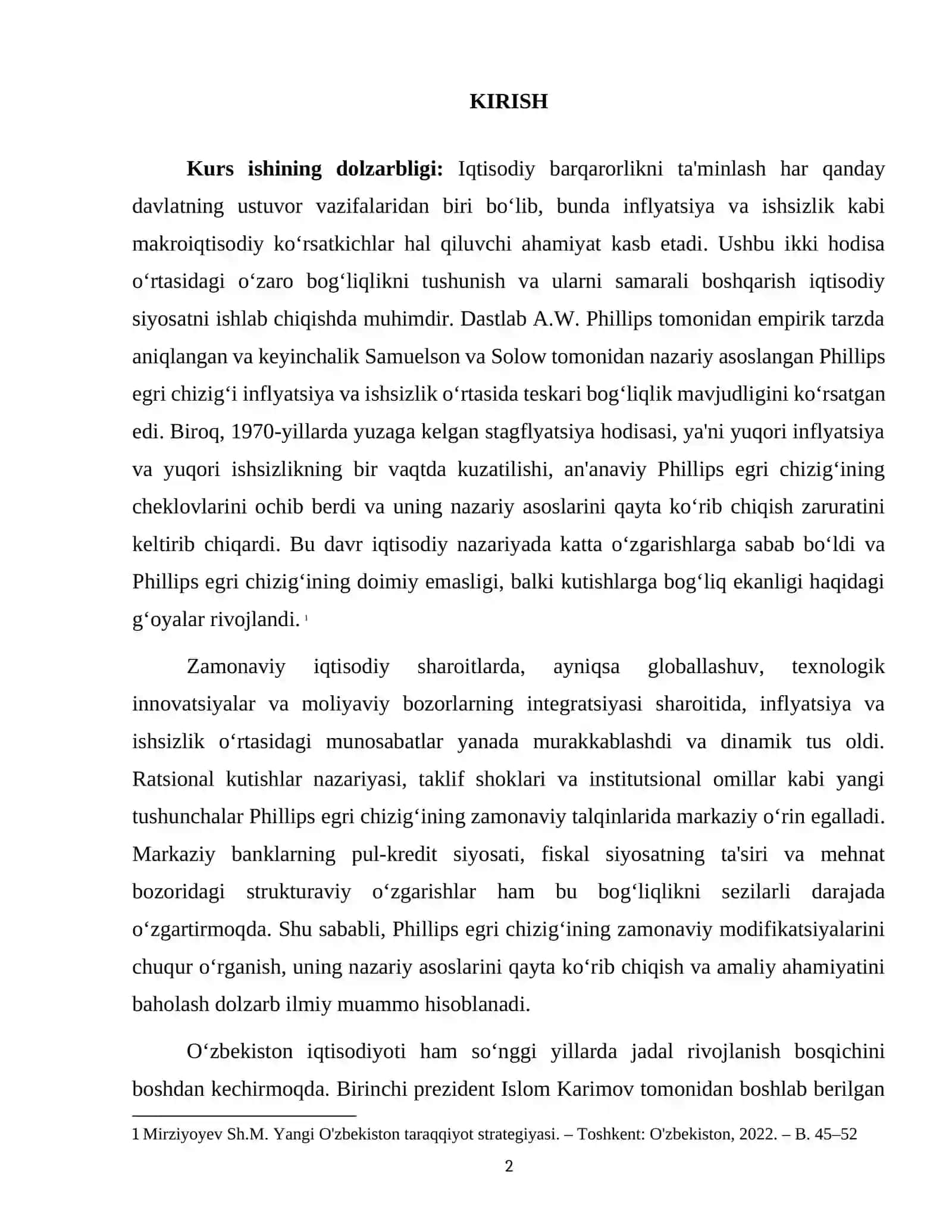 INFLEYATSIYA VA ISHSIZLIKNING ZAMONAVIY PHILLIPS EGRI CHIZIG'I 2