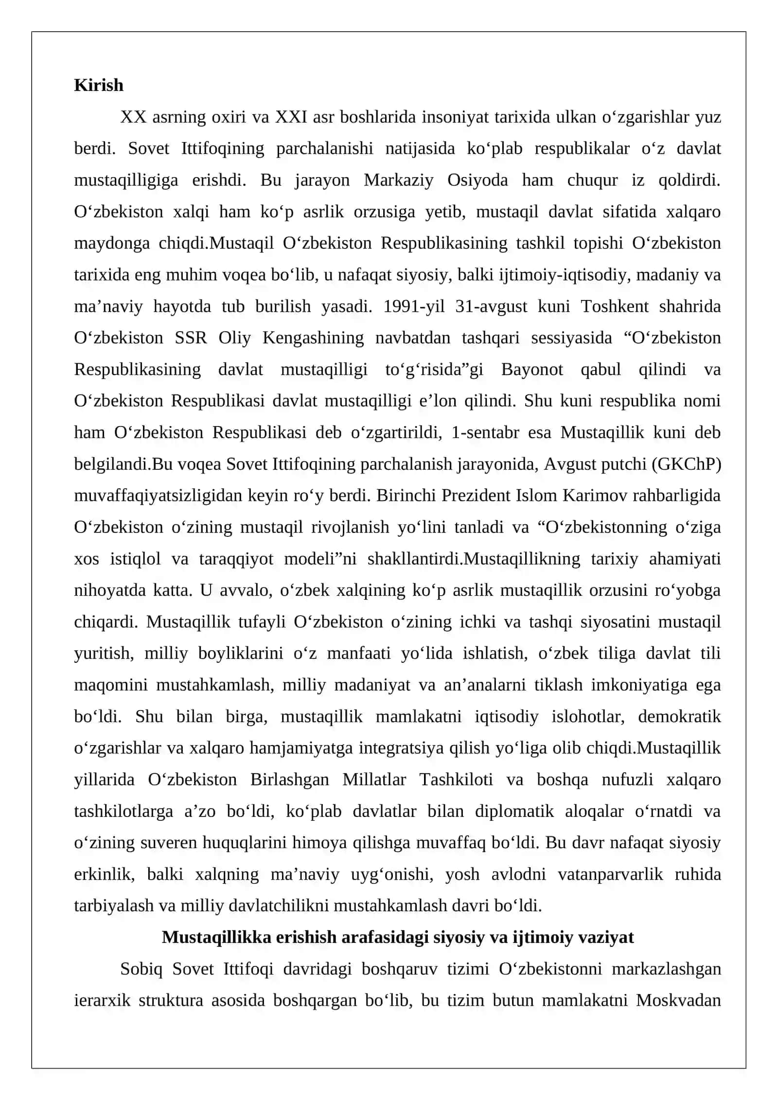 Mustaqil O‘zbekiston Respublikasining tashkil topishi va uning tarixiy ahamiyati 2