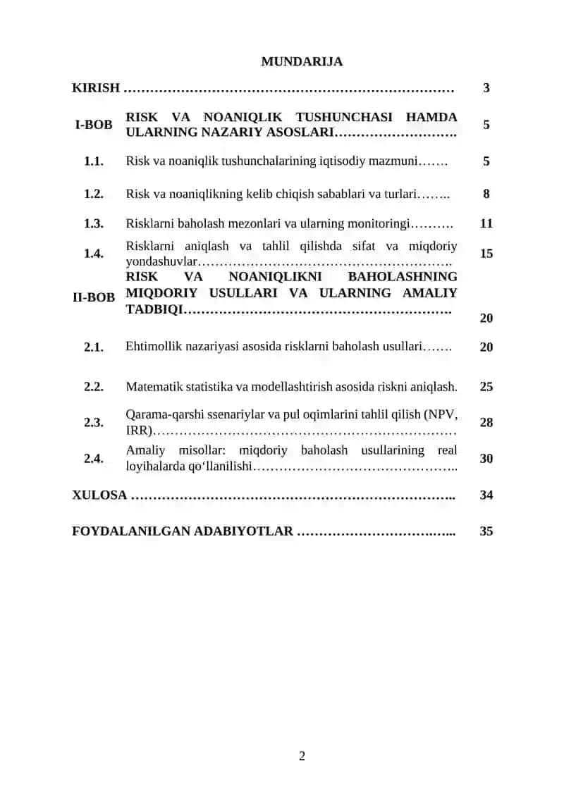 "RISK VA NOANIQLIKNI BAHOLASHNING MIQDORIY USULLARI" 2