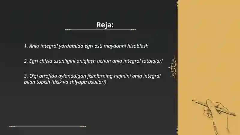 Aniq integralni geometriya va mexanikaga tatbiqlari 2