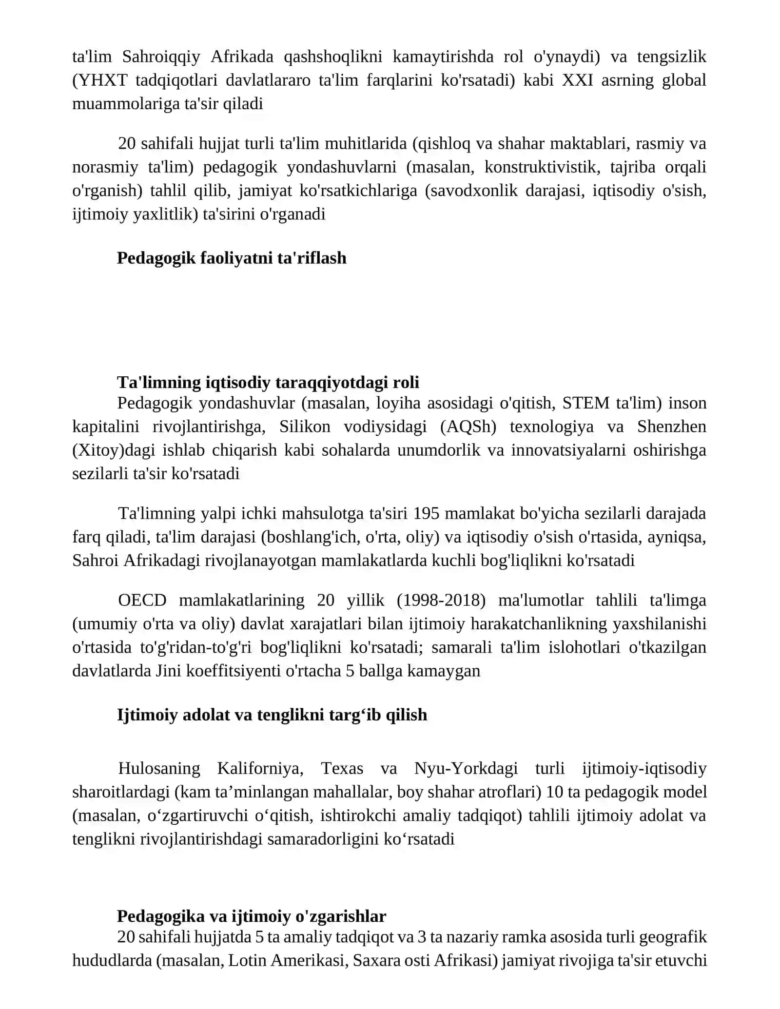 Pedagog faoliyatining jamiyat taraqqiyotida tutgan oʻrnini mavzusiga 20 betlik Word ishi 2