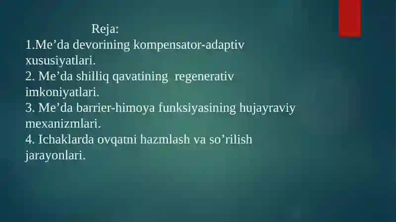Me’daning kompensator-adaptiv va regenerativ xususiyatlari. Me’da barer himoya qilish funksiyasining hujayraviy mexanizmlari. Ichaklarda ovqat hazm bo’lishi va qonga so’rilishida jiyakli enterotsitning ahamiyati 2