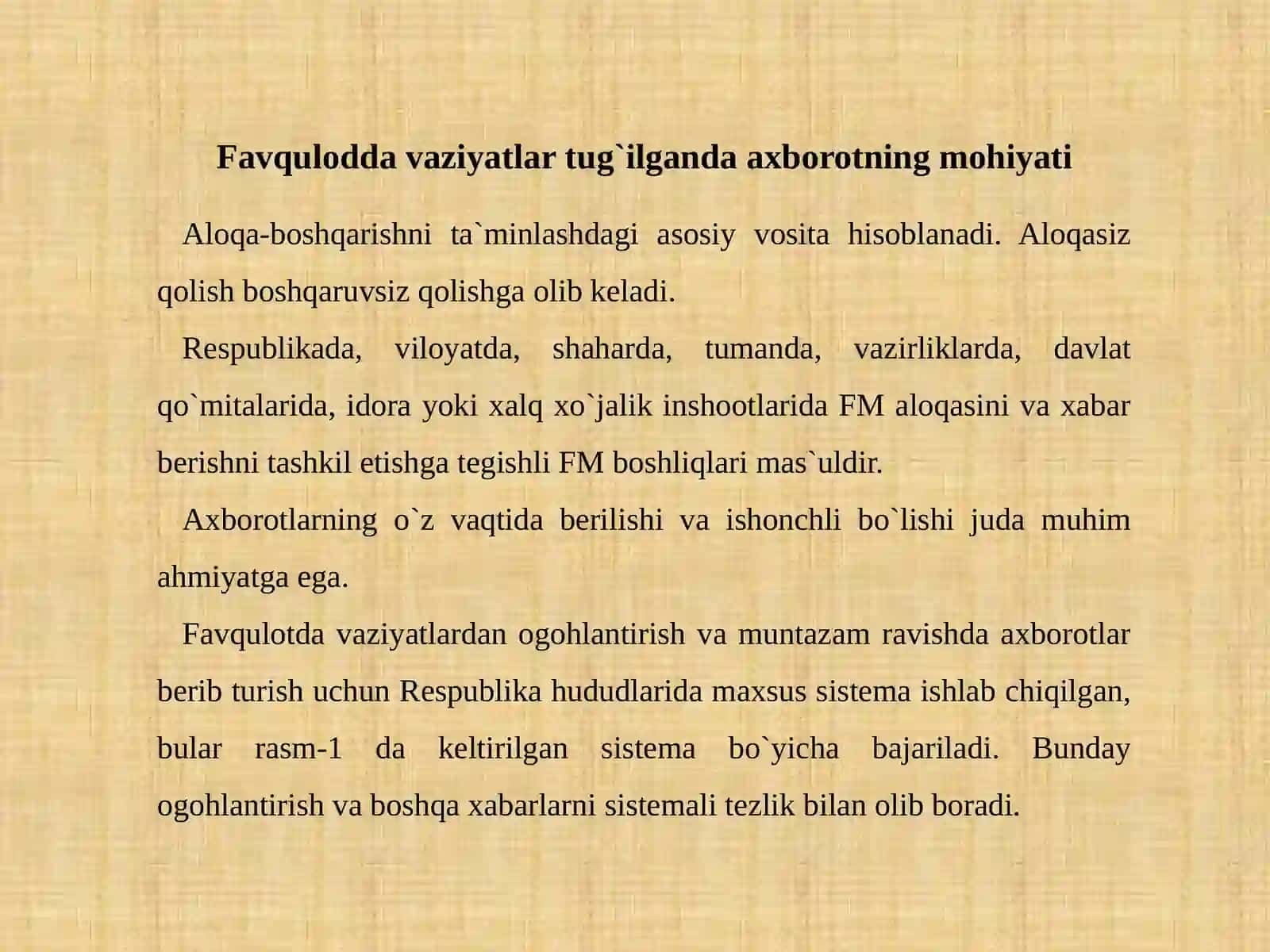 Fovqulodda vaziyatlar xavfli tug'ilganda va sodir bo'lganda aholiga xabar berish va ularni xavfli hududlarda xavfsiz hududlarga ko'chirishni tashkillashtirish 2