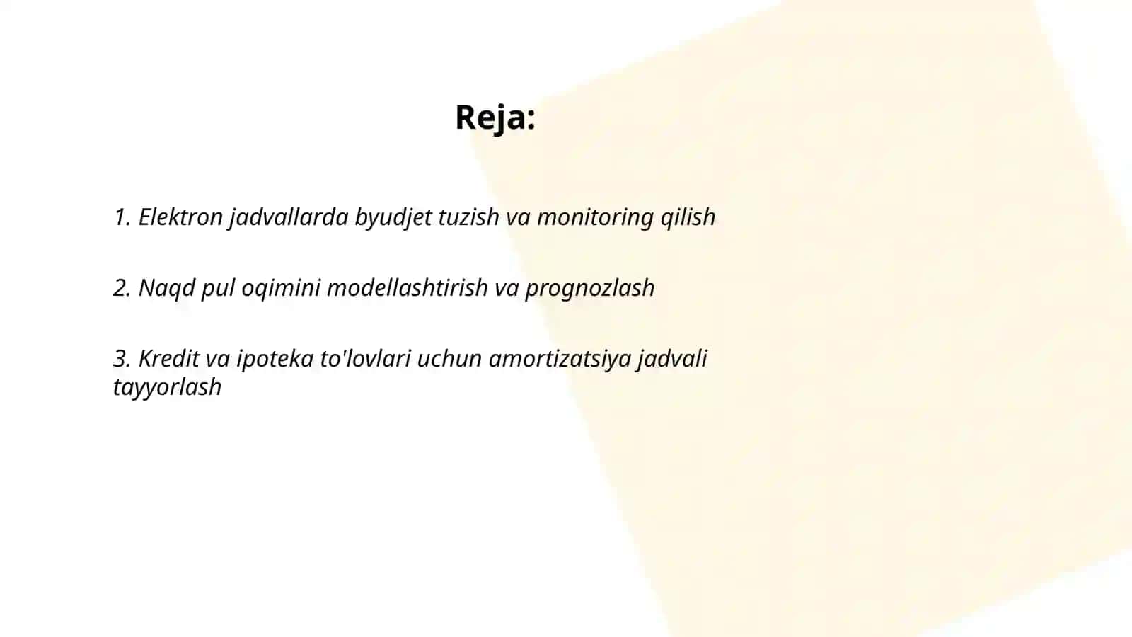 Iqtisodiyot va moliya sohasidagi amaliy vazifalarni yechish uchun elektron jadvallardan foydalanish 2