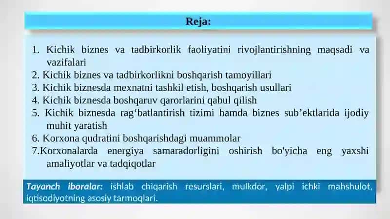 Kichik biznesni boshqarish va tashkiliy jihatlari 2
