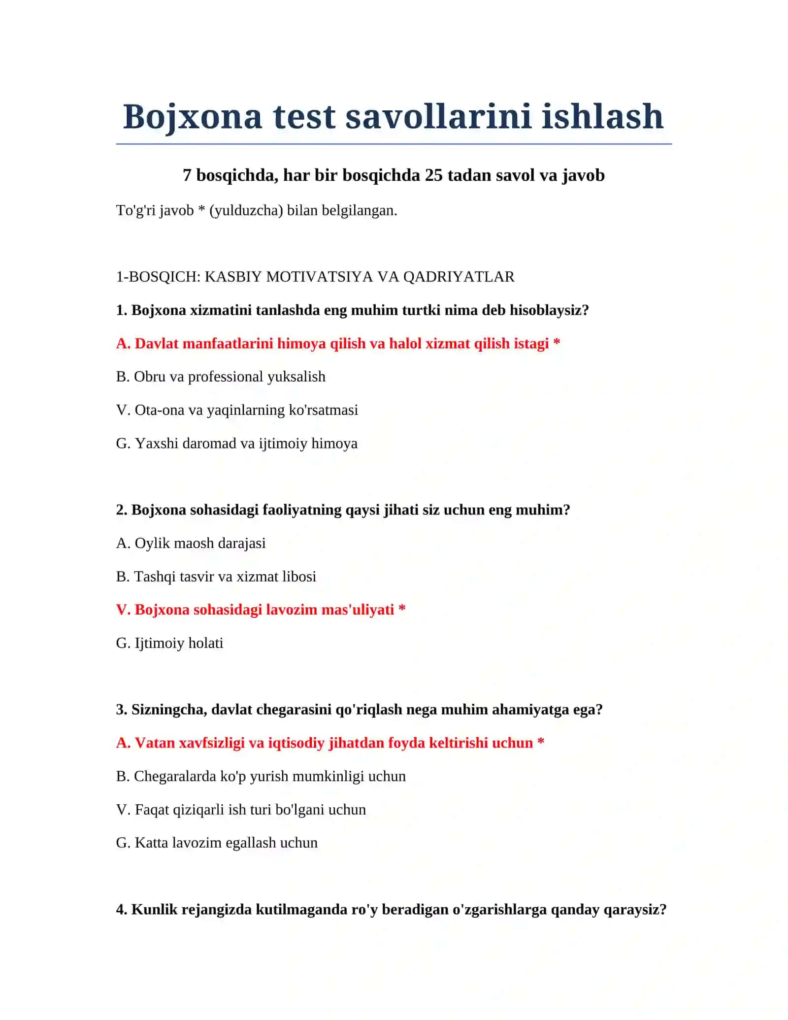 Bojxona test savollarini ishlash 2