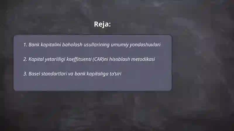 Bank kapitalini baholash usullari kredit mexanizim va uning elementlari 2