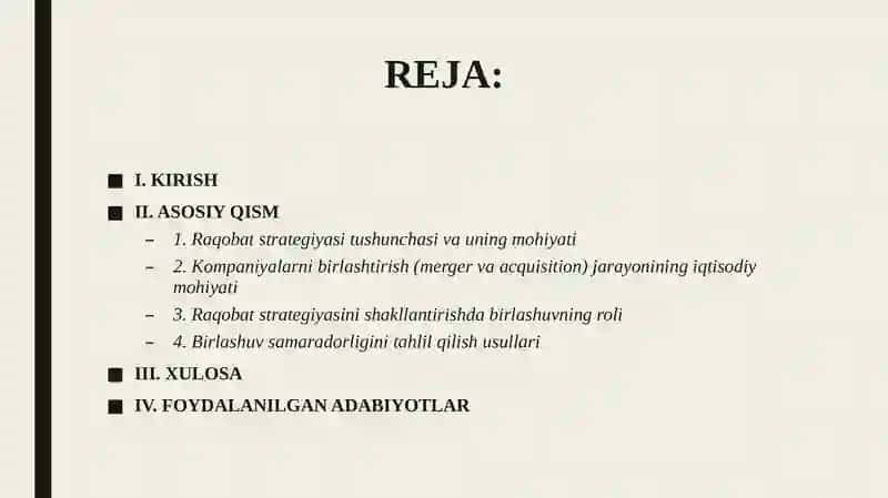 Raqobat strategiyasini shakllantirishda kompaniyalarni birlashtirish samaradorligi 2