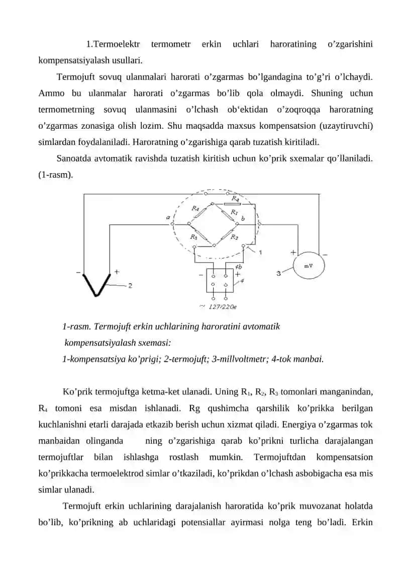 Termoelektr termometr erkin uchlari haroratining o’zgarishini kompensatsiyalash usullari 2