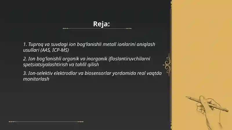 Tuproq va suvdagi ion bog‘lanishli ifloslantiruvchi moddalarni aniqlash va ekologik xavfsiz tozalash usullari 2