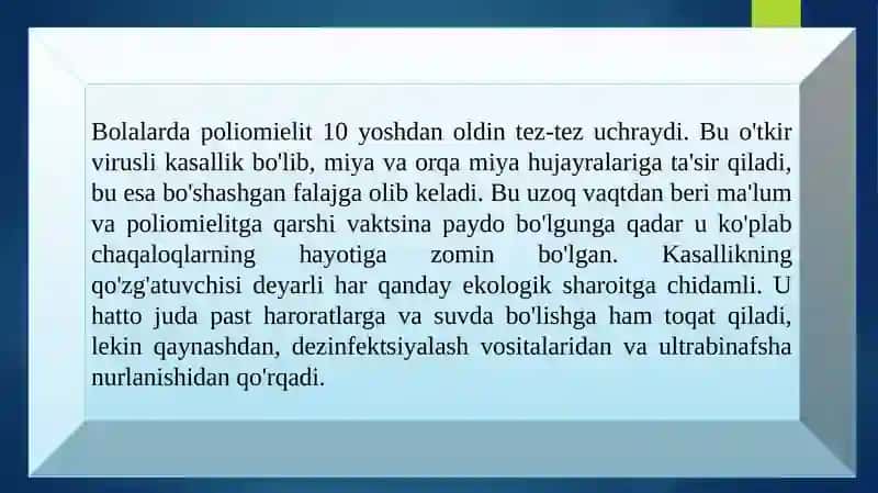 POLIMIELIT KASSALIGINING KELIP CHIQISHI SABABLI ASORATI. 2