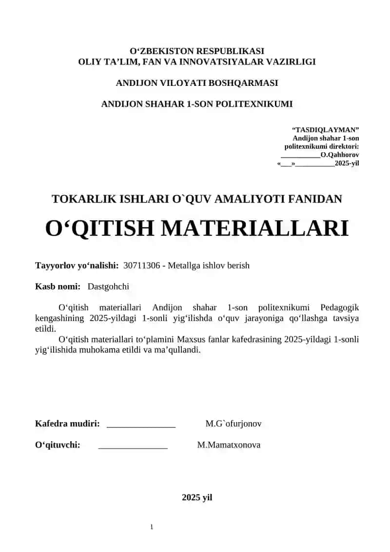 TOKARLIK ISHLARI O`QUV AMALIYOTI FANIDAN O‘QITISH MATERIALLARI 2