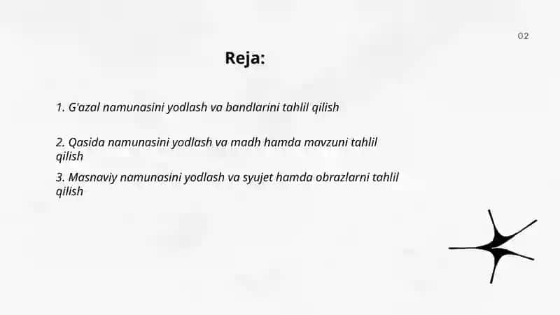 MUMTOZ ADABIYOT JANRLARIDAN NAMUNALAR YOD OLISH VA TAHLIL QILISH 2