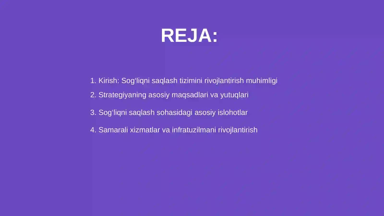 Ózbekiston respublikasi sogliqni saqlash tizimini rivojlantirish strategiyasi: sogliqni saqlash sohasidagi islohotlar 2