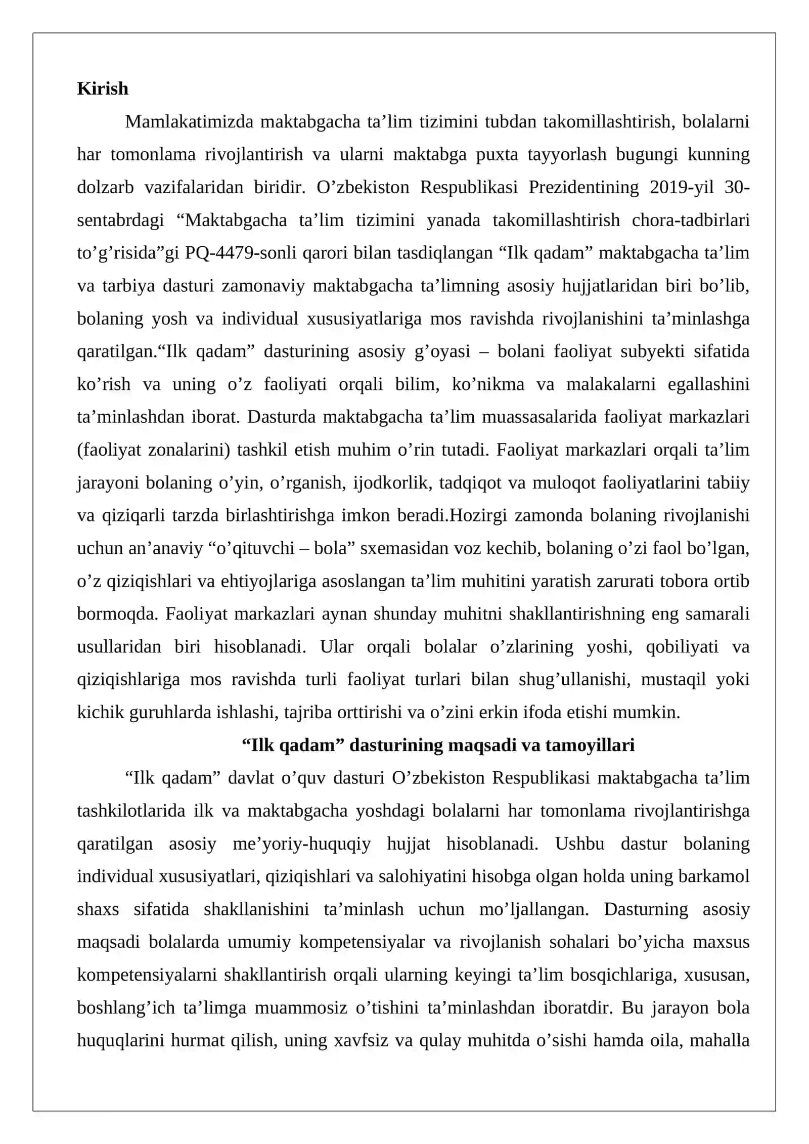 “Ilk qadam” dasturi asosida maktabgacha ta’limda faoliyat markazlarida ta’lim jarayonlarini tashkil qilish 2