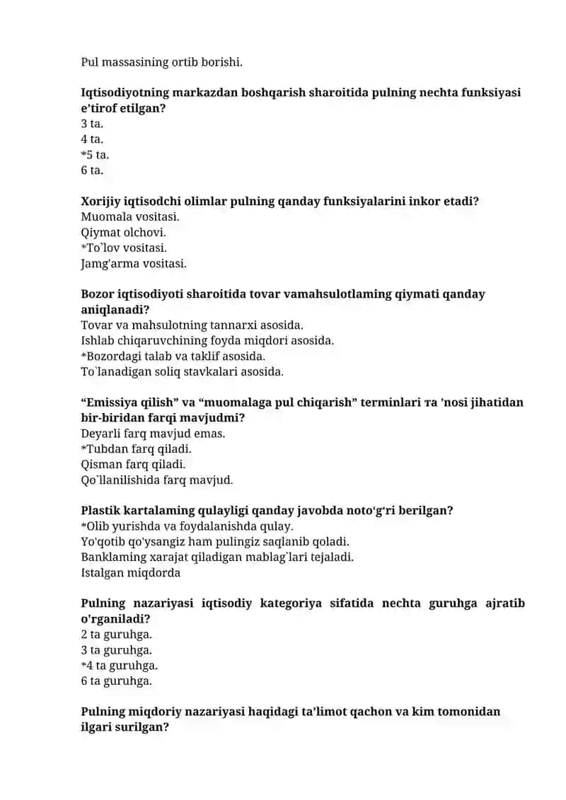 Pul va bank test savollari javoblari bilan 2