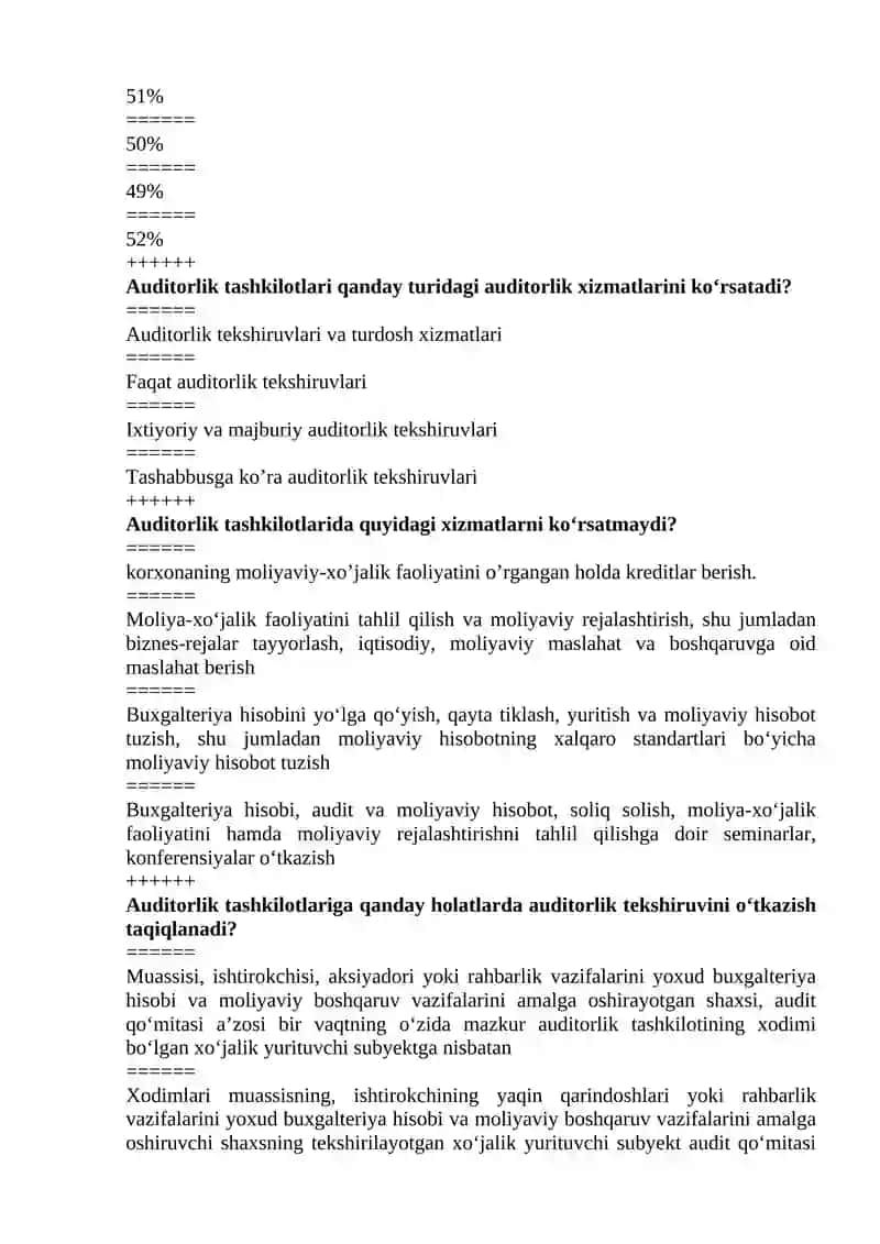 "Audit" yakuniy test Narxoz 2