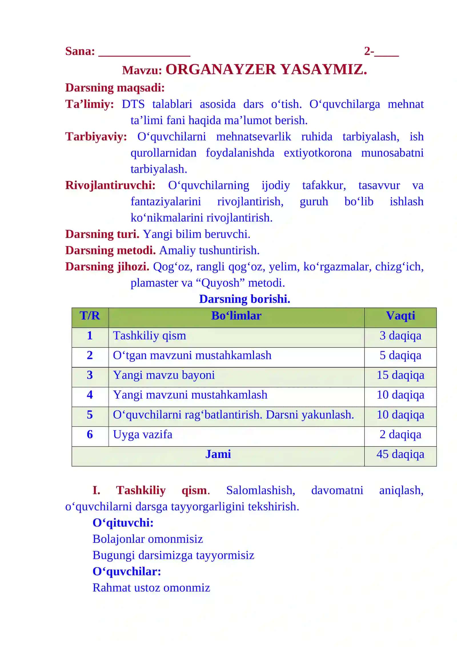 2-sinf Texnologiya ORGANAYZER YASAYMIZ dars ishlanma 4-chorak 2