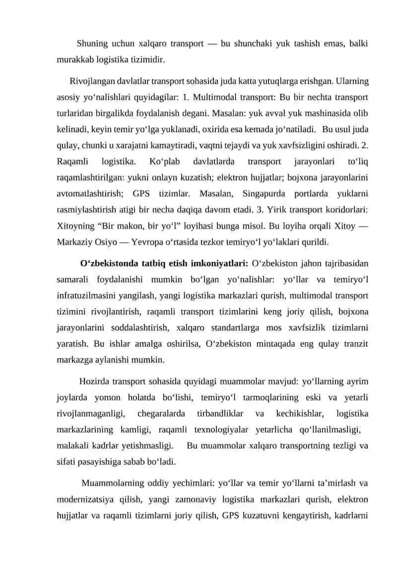 Xalqaro transport tashuvlarining jahon tajribasi va uni respublikamizga tadqiq etish 2
