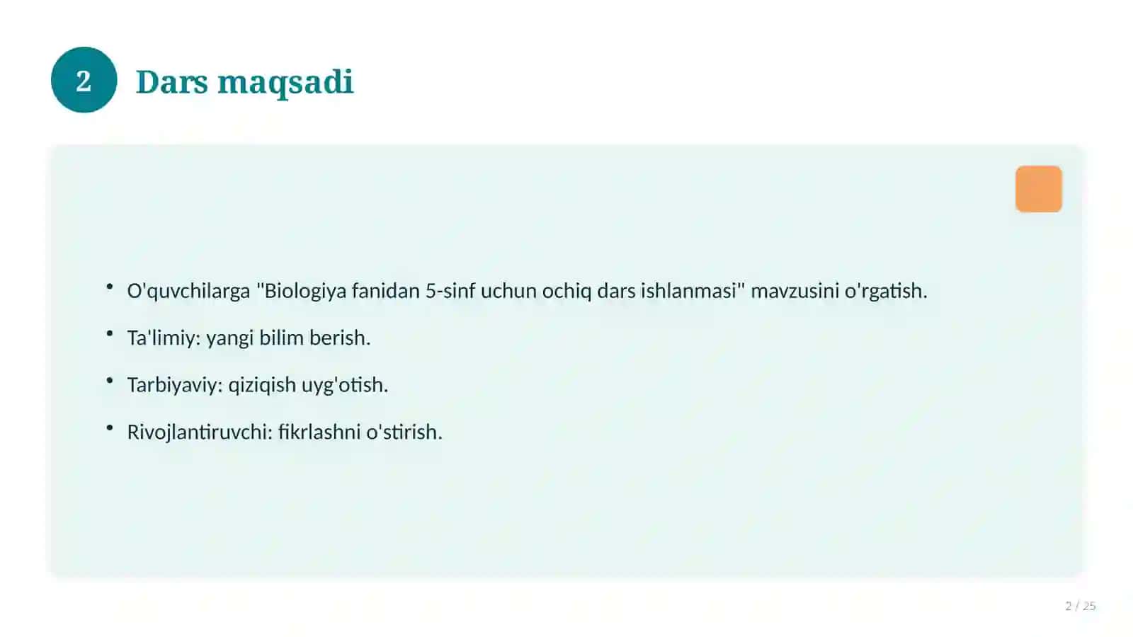 Biologiya fanidan 5-sinf uchun ochiq dars ishlanmasi 2