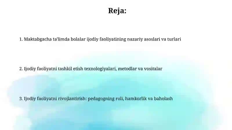 Maktabgacha taʼlimda bolalarni ijodiy faoliyatini tashkil qilish texnologiyasi 2