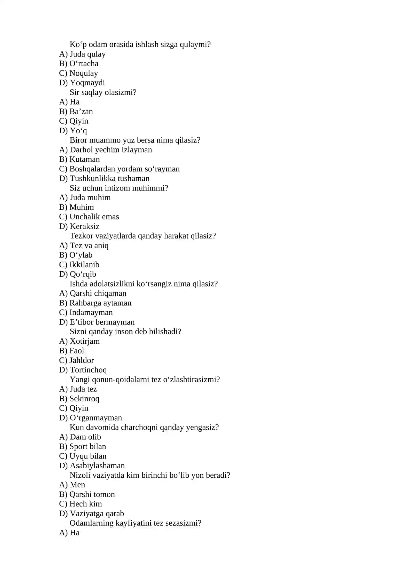 Bojxona psixologik test savollari 2
