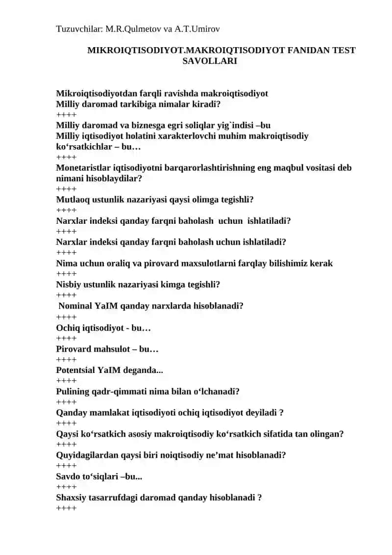 MIKROIQTISODIYOT.MAKROIQTISODIYOT FANIDAN TEST SAVOLLARI 2