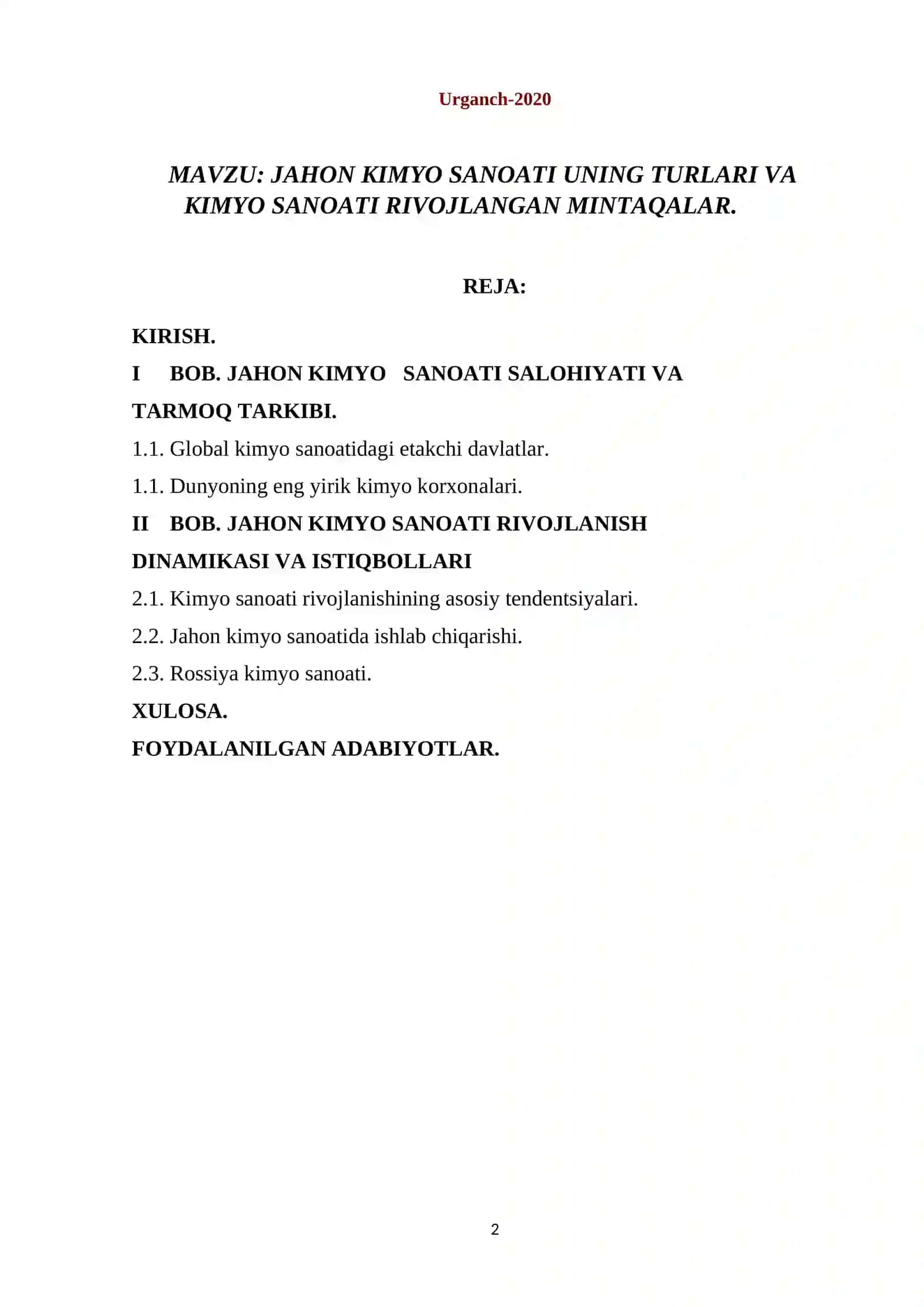 Jahon kimyo sanoati uning turlari va kimyo sanoati rivojlangan mintaqalar 2