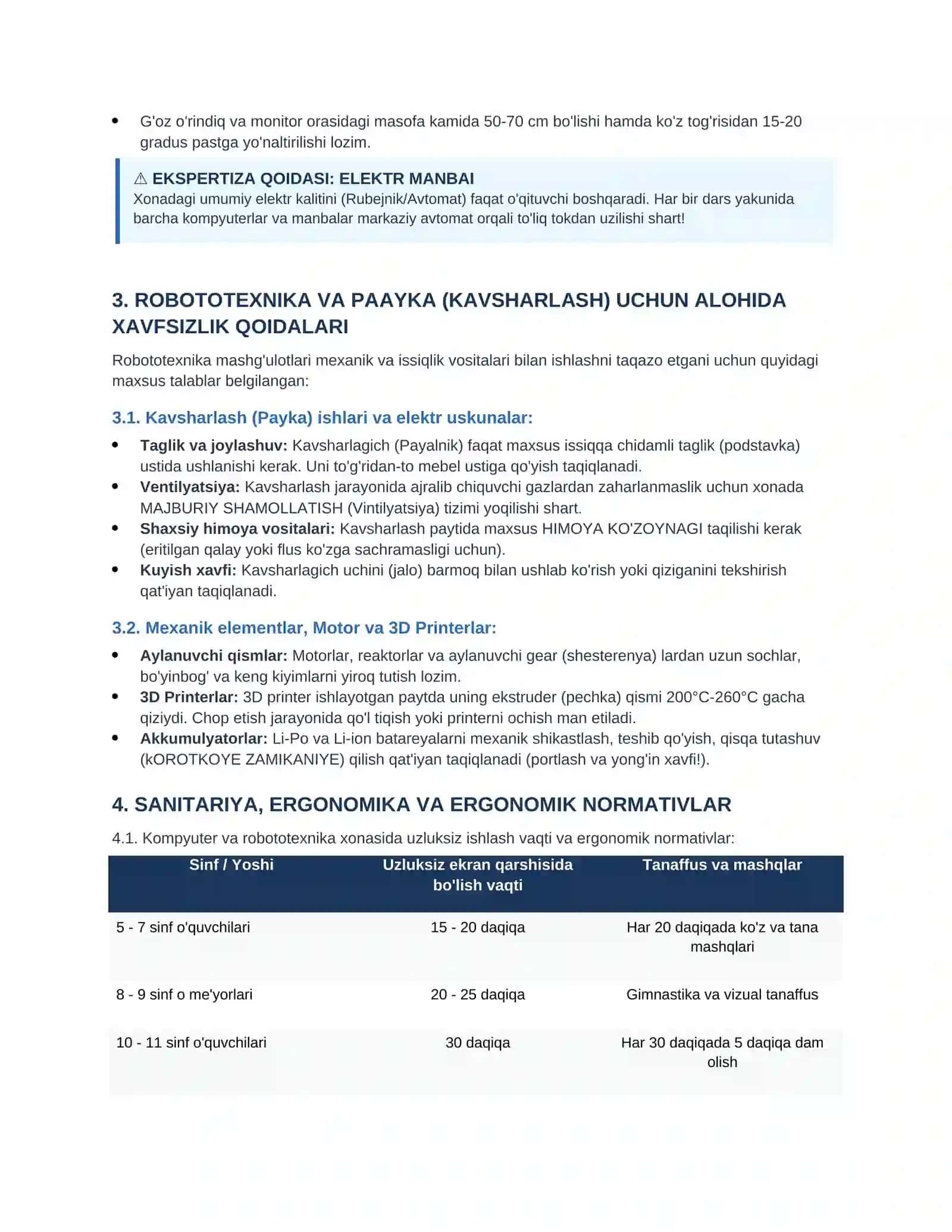 Texnika xavfsizligi qoidalari (Informatika, robototexnika va fizika laboratoriya xonalari uchun) 2