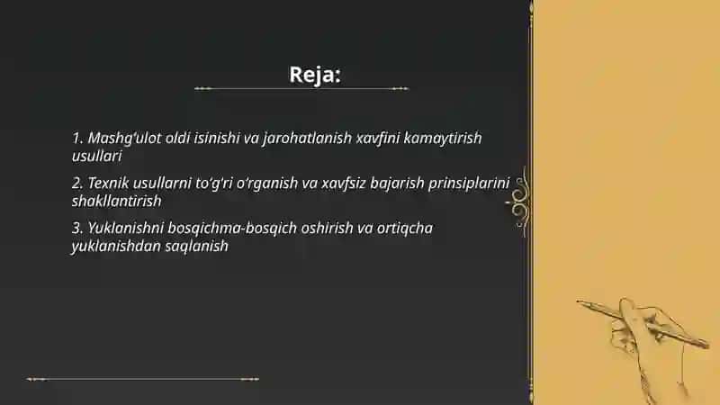 Mashgʻulot jarayonida texnik usullarning bajarishda jarohatlanish dam saqlanish 2