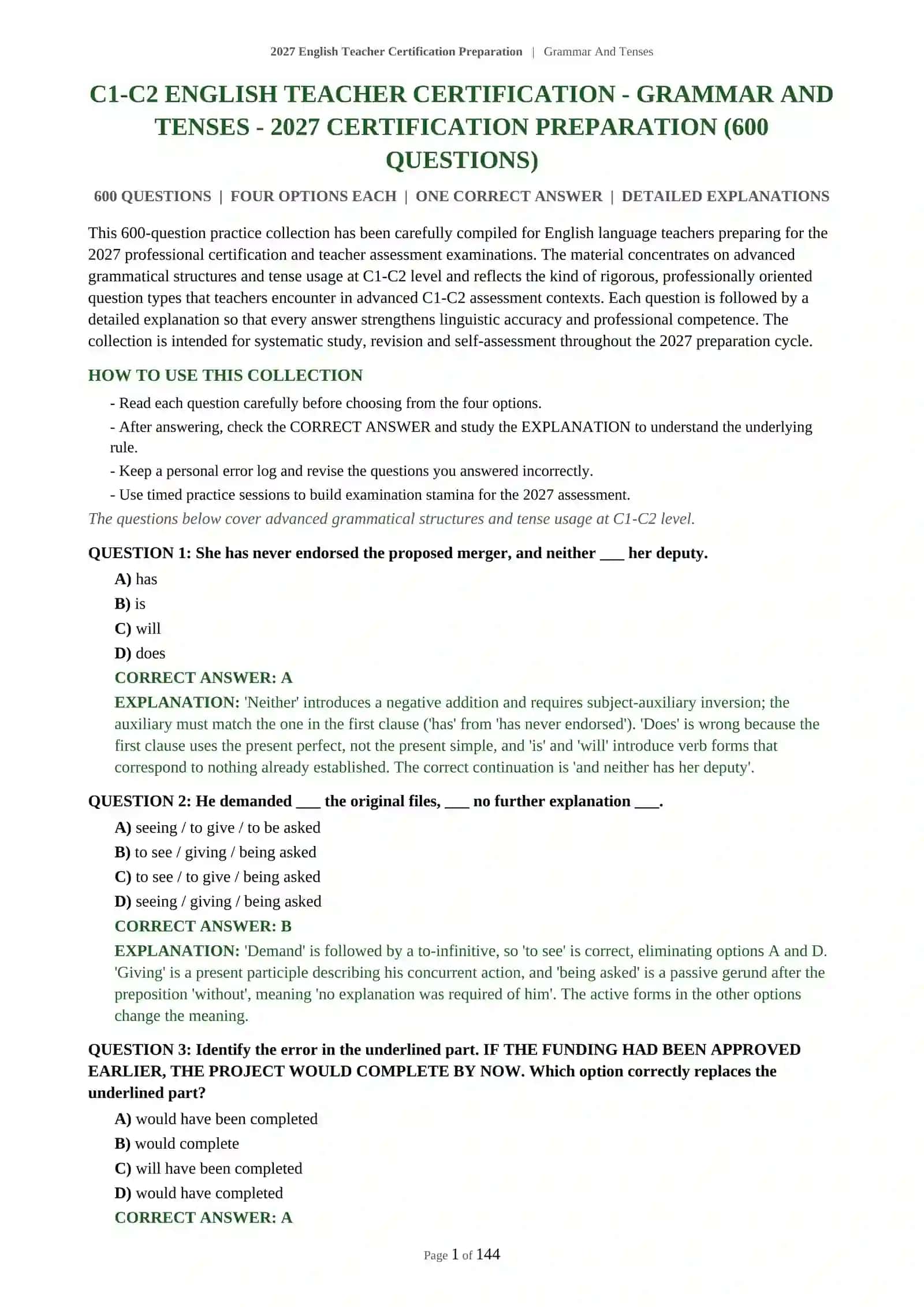 C1-C2 ENGLISH TEACHER CERTIFICATION - GRAMMAR AND TENSES - 2027 CERTIFICATION PREPARATION 2