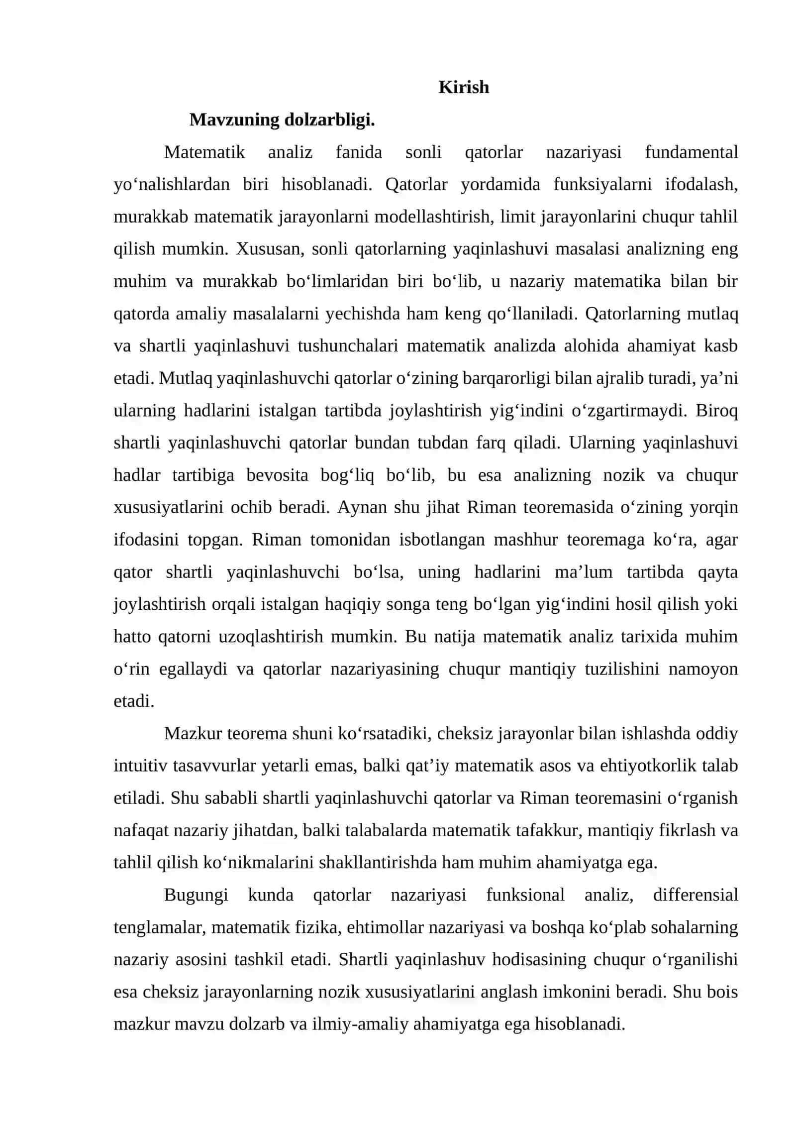 Shartli yaqinlashuvchi qatorlar.  Riman teoremasi 2