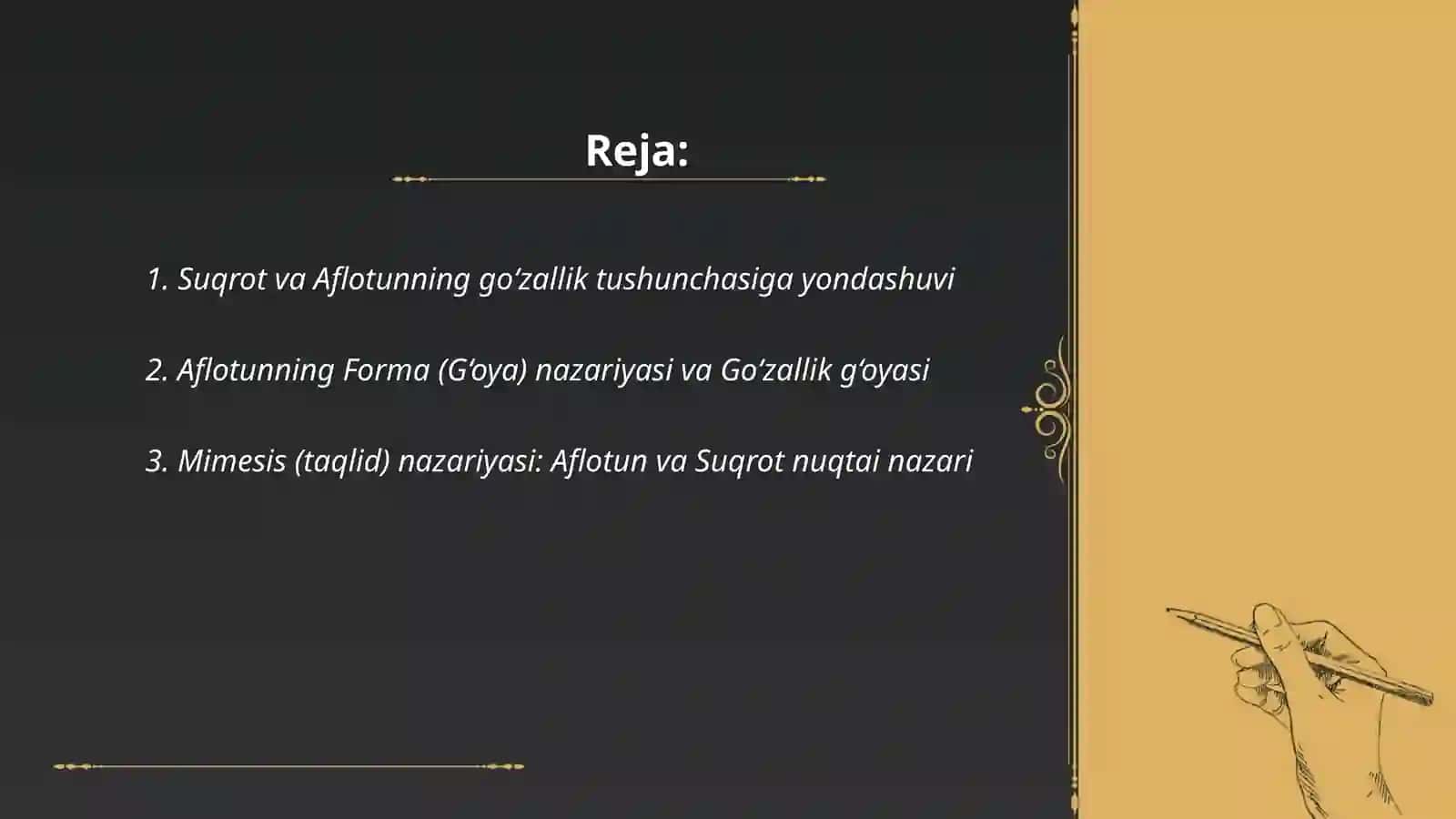 Yunoniston faylasuflari Suqrot va Aflotunning estetik qarashlari 2