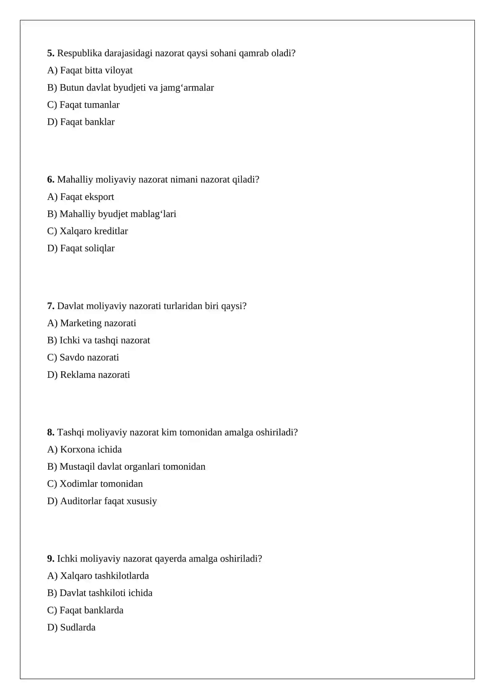 Davlat moliyaviy nazorati (respublika va mahalliy darajada) TESTLAR 2