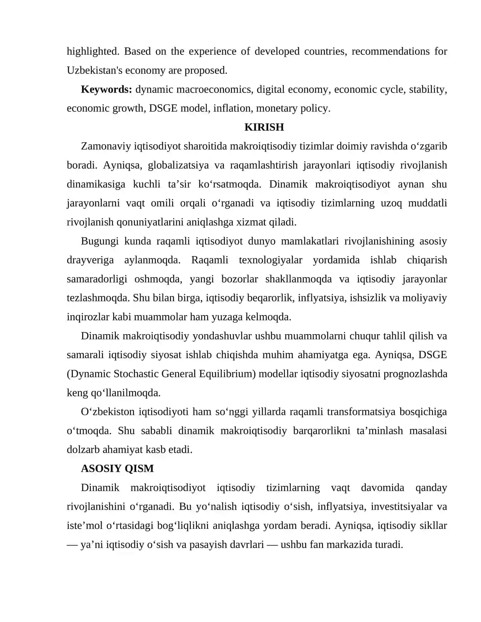 RAQAMLI IQTISODIYOT SHAROITIDA DINAMIK MAKROIQTISODIY BARQARORLIKNI TA’MINLASH MASALALARI 2