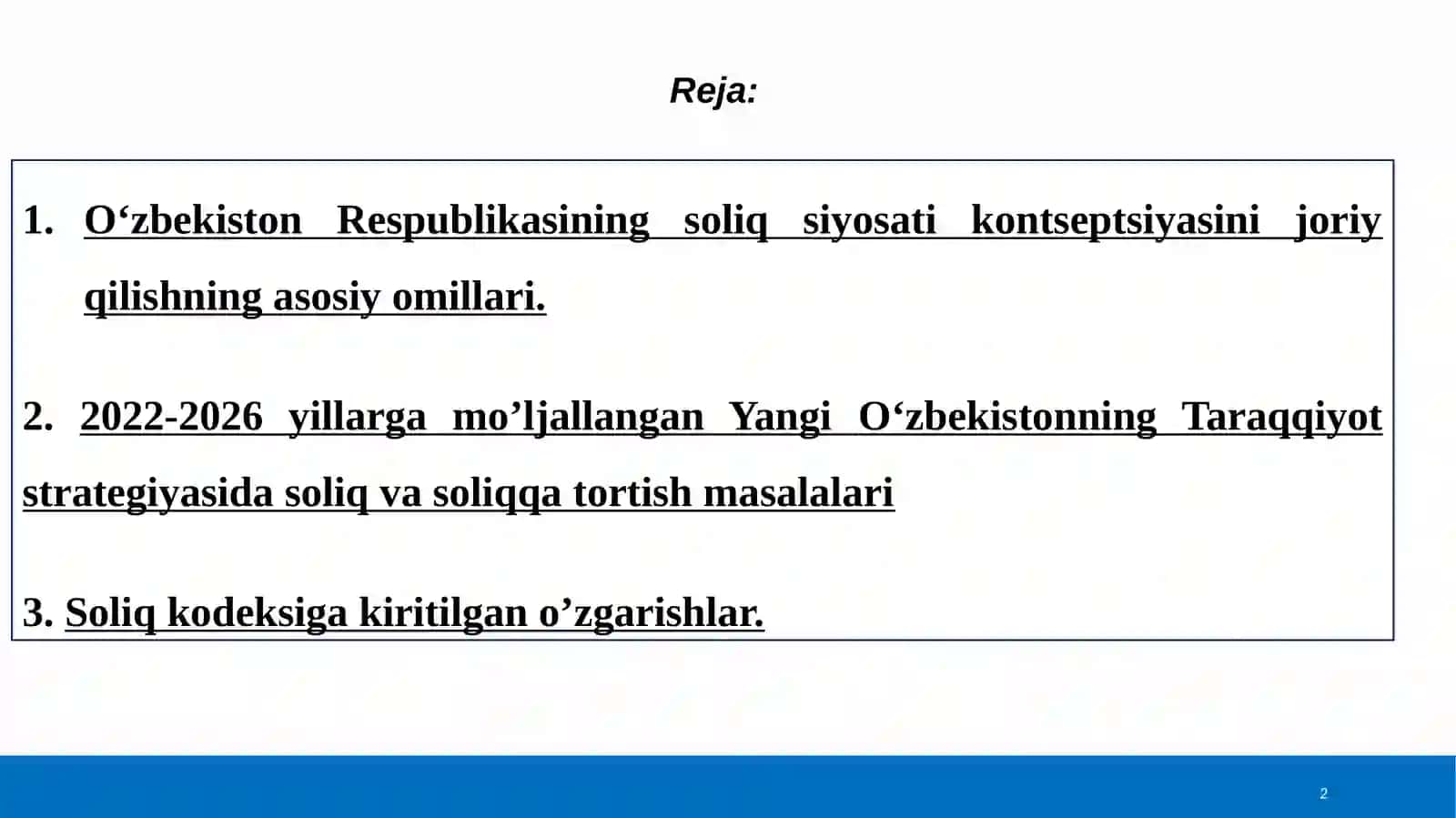 O‘zbekiston Respublikasi soliq siyosatini takomillashtirish konsepsiyasining mazmun-mohiyati va ustuvor yo‘nalishlari 2
