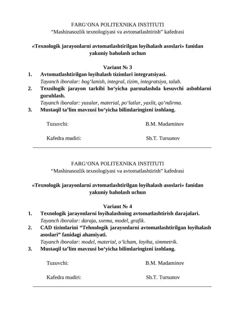 Texnologik jarayonlarni avtomatlashtirilgan loyihalash asoslari 2