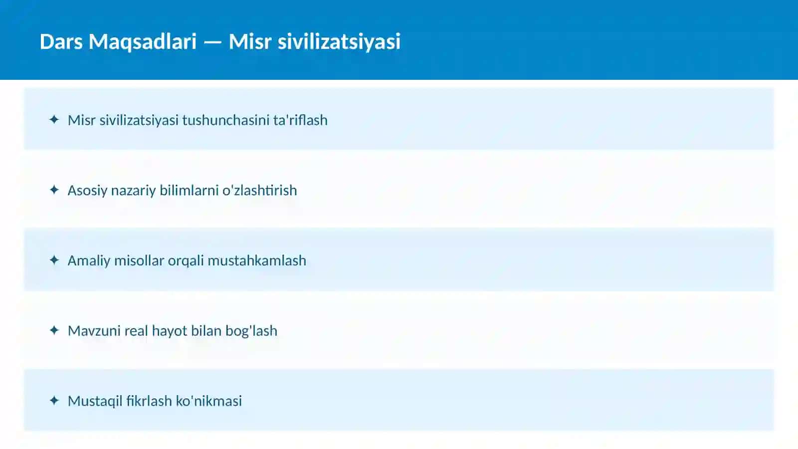 TARIX Qadimgi Sharq O'qituvchilar va talabalar uchun dars ishlanma 2