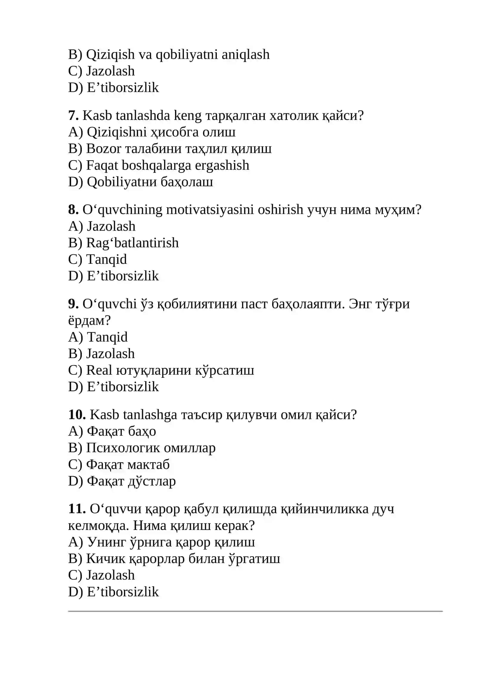 Maktab maslahatchilari uchun testlar to'plami 2