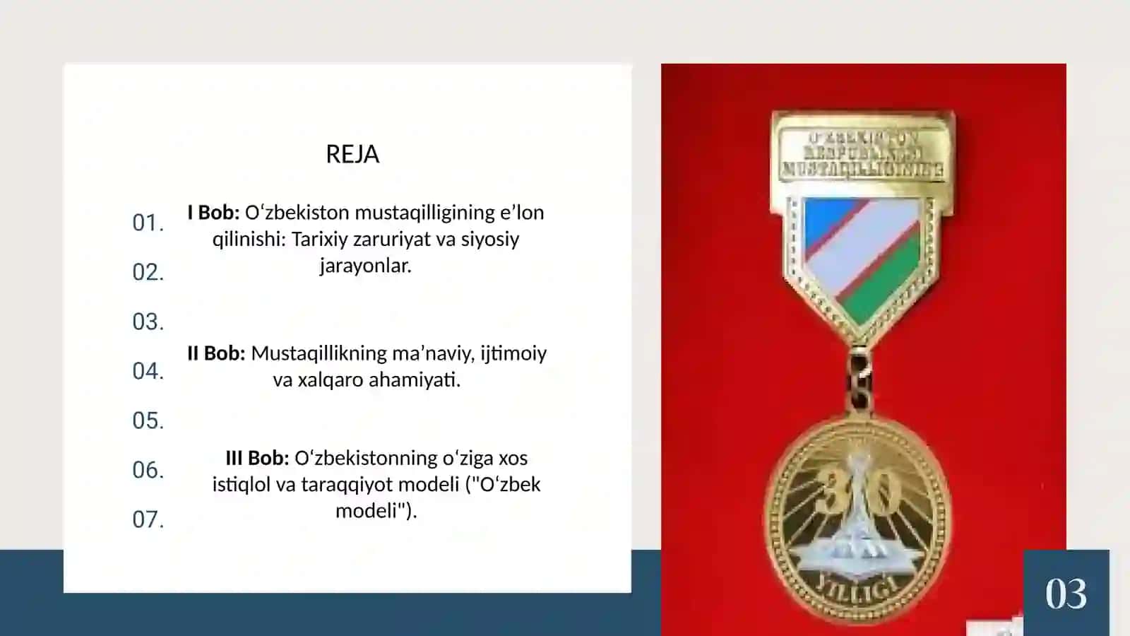 Mustaqil O`zbekiston Respublikasi tashkil topishining tarixiy ahamiyatii. O`zbekistonning o`ziga xos istiqlol va taraqqiyot yo`li 2