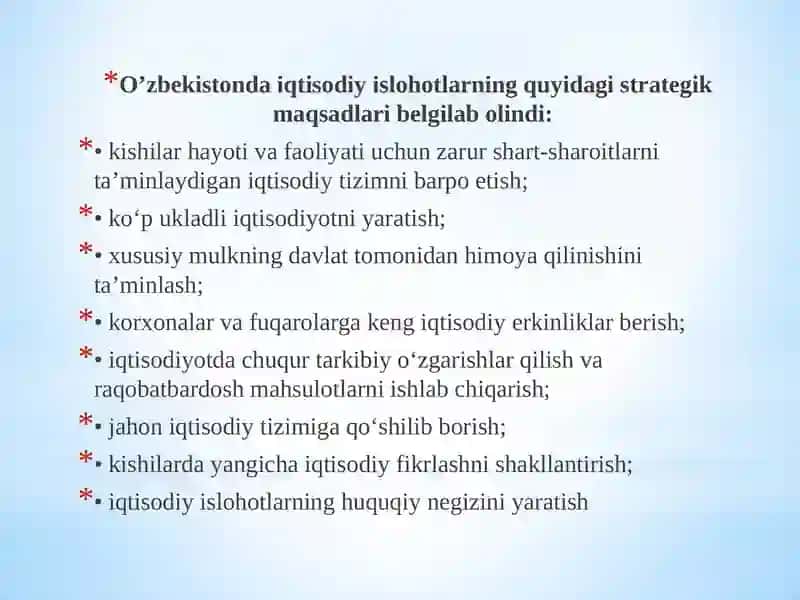 О‘zbekistonda iqtisodiy islohotlarning    amalga oshirilishi, bozor munosabatlarining shakllanishi 2