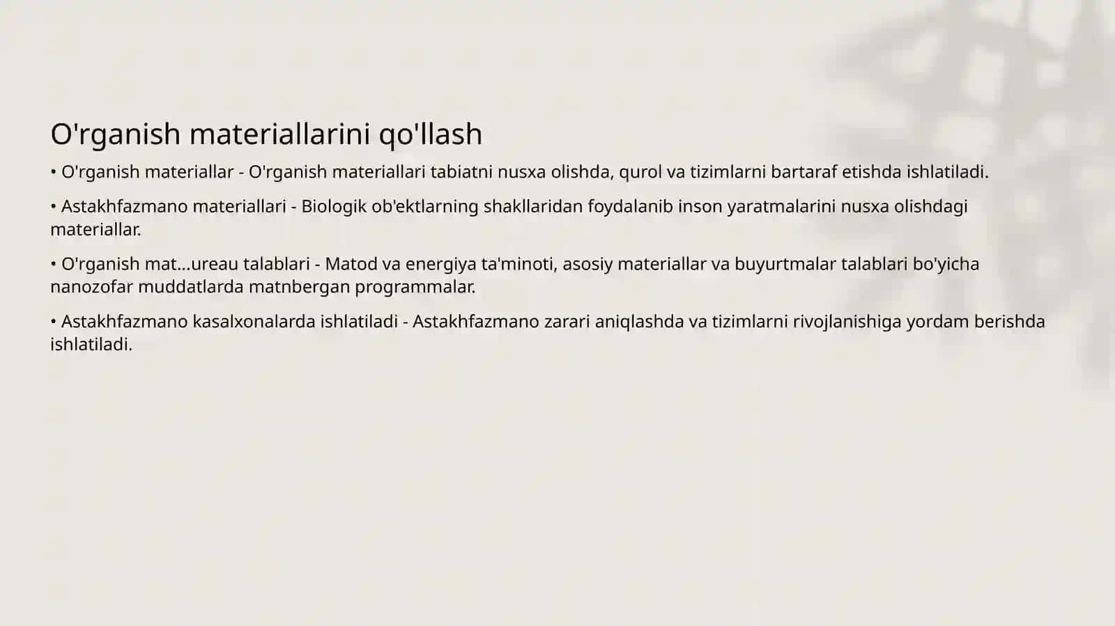 Biomimetik materiallar dizayni: tabiiy tuzilmalar va jarayonlarda ilhomlangan o'rganish materiallari 2