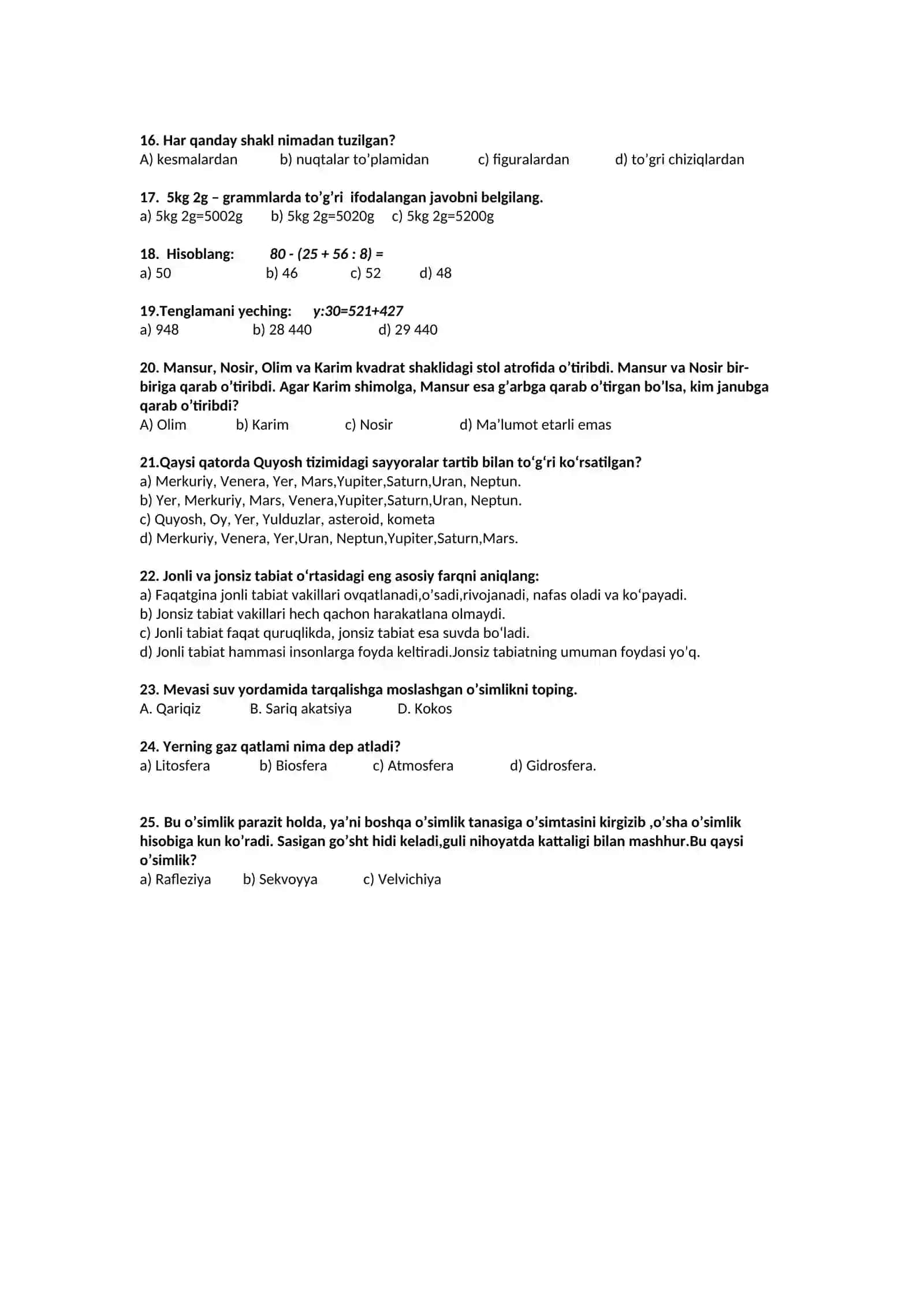 3-sinf olimpiada savollari matematika fanidan 2
