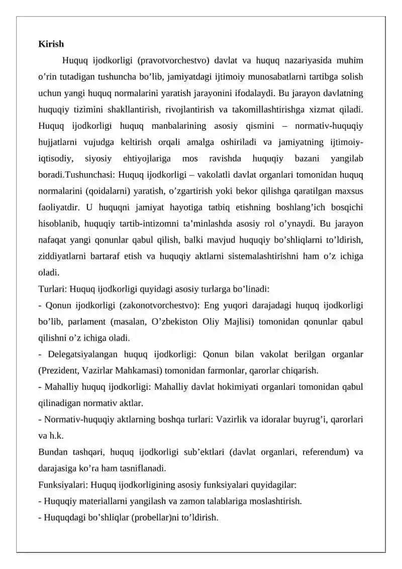 Huquq ijodkorligi tushunchasi, turlari va funksiyalari 2
