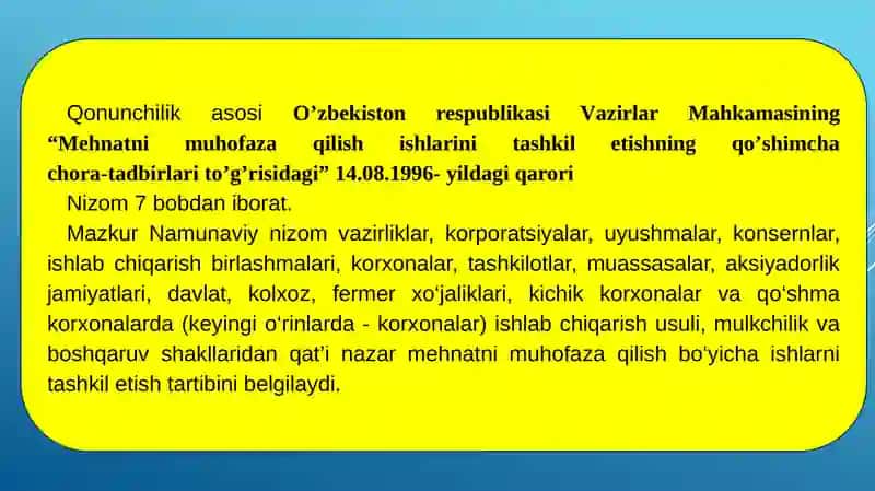 Mehnatni muhofaza qilish ishlarini tashkil etishning qo'shimcha chora-tadbirlari 2