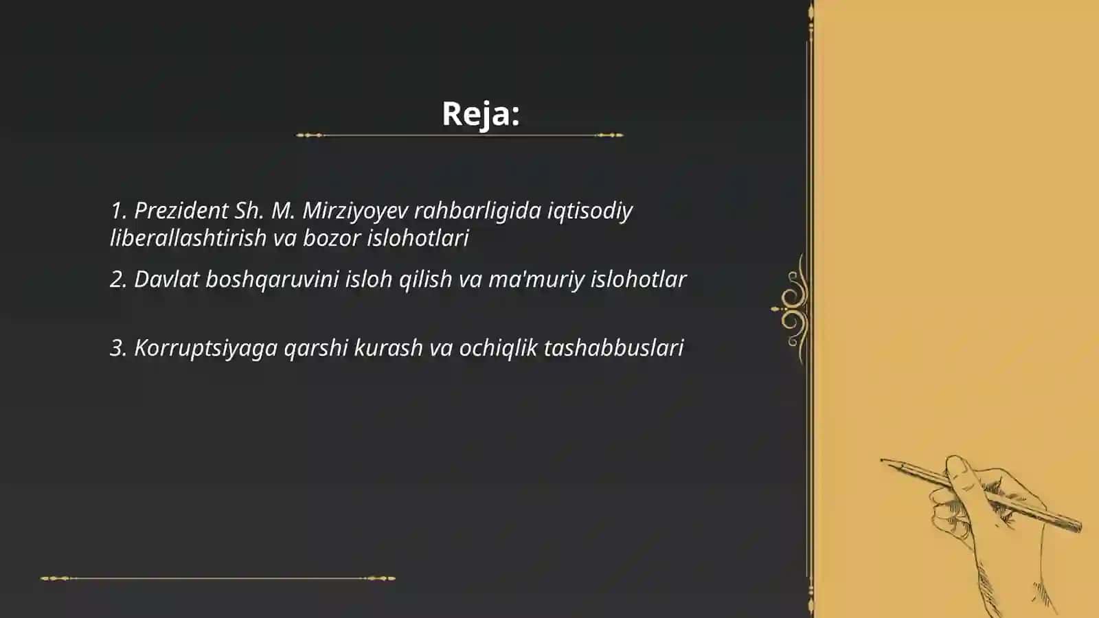 Yangi oʻzbekistonda prezident Sh. M. Mirziyoyev rahbarligi va tashabbusi ostida amalga oshirilayotgan islohotlar 2