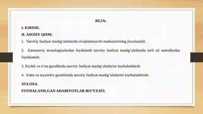 MAKTABGACHATAʼLIMTASHKILOTLARIDA TASVIRIY FAOLIYATMASHGʻULOTLARINIREJALASHTIRISH 2