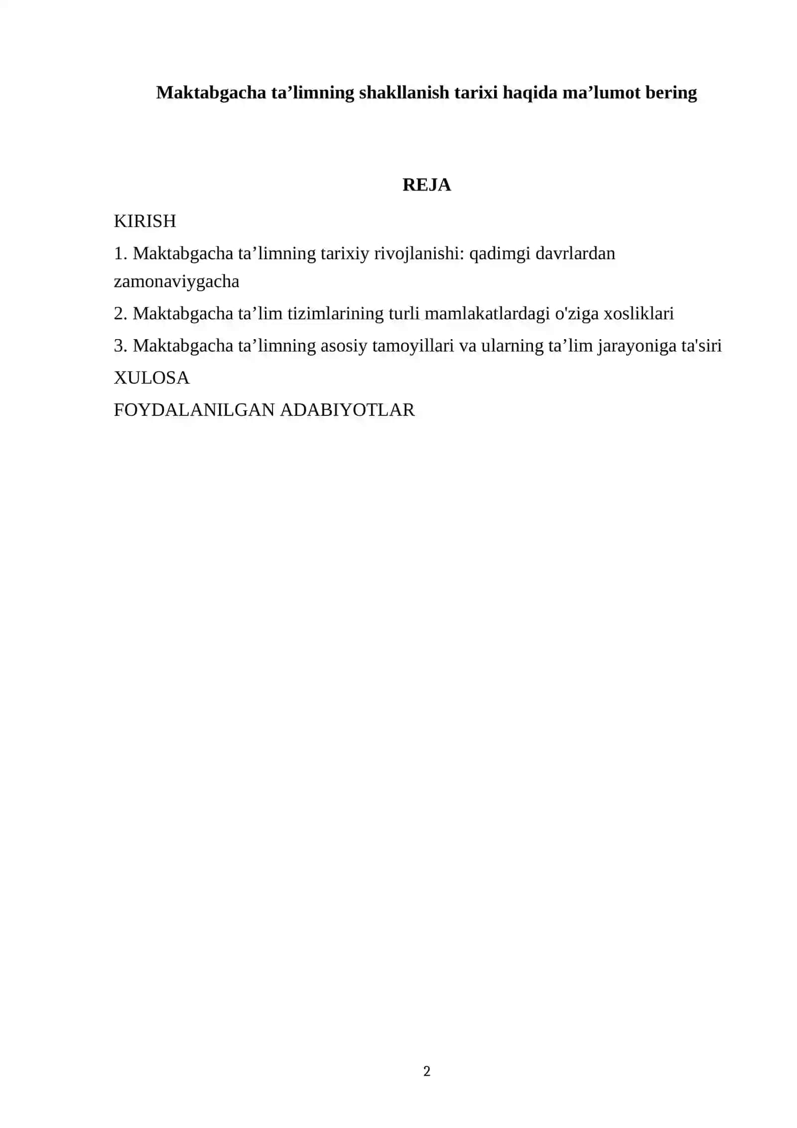 Maktabgacha taʼlimning shakllanish tarixi haqida maʼlumot bering 2